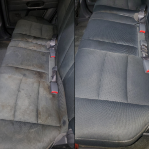 Before and after image of stained then cleaned upholstery. 